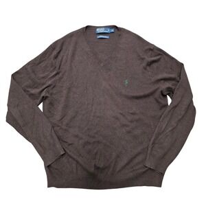 VTG Polo Ralph Lauren Mens‎ XL V Neck Sweater 100 Pima Cotton Brown Long Sleeve
